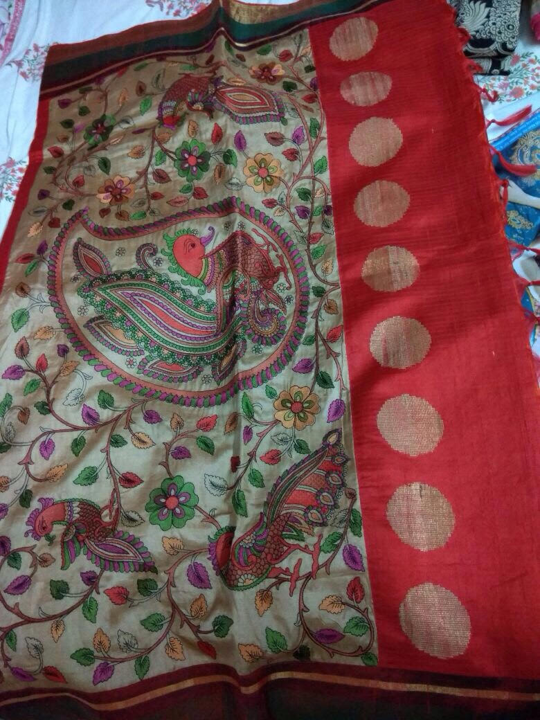 Red Kalamkari Applique Work w/ Aari Embroidery Silk Saree 29166 Buy